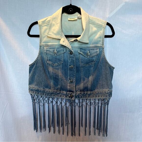 Chico's Women's Denim Vest with fringe, Size 1 Blue and Cream - Picture 1 of 6
